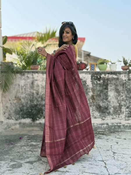 MAROON HAND ZARI WOVEN TUSSAR SILK SARI