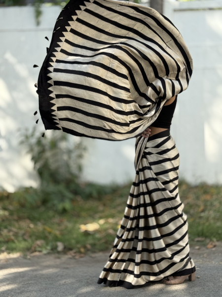 BLACK-OFF WHITE MODAL SILK AJRAKH BLOCK PRINT SARI