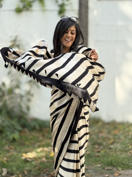 BLACK-OFF WHITE MODAL SILK AJRAKH BLOCK PRINT SARI