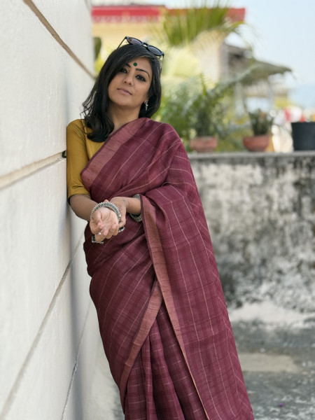 MAROON HAND ZARI WOVEN TUSSAR SILK SARI