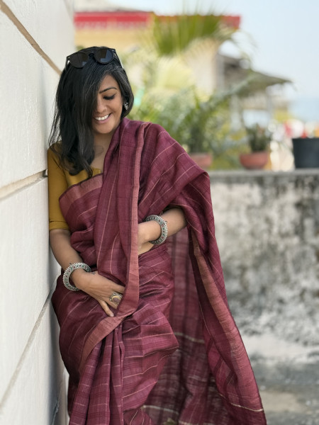 MAROON HAND ZARI WOVEN TUSSAR SILK SARI