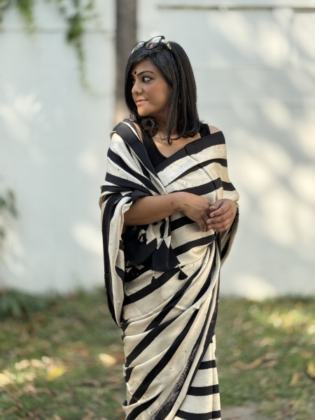 BLACK-OFF WHITE MODAL SILK AJRAKH BLOCK PRINT SARI