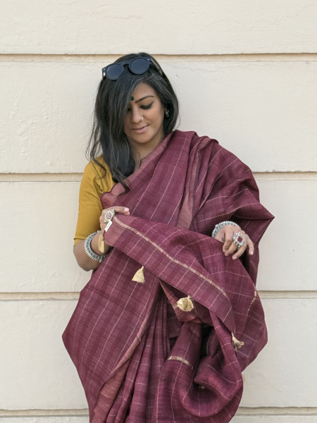 MAROON HAND ZARI WOVEN TUSSAR SILK SARI