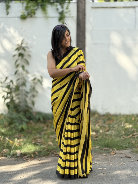 BLACK-YELLOW MODAL SILK AJRAKH BLOCK PRINT SARI