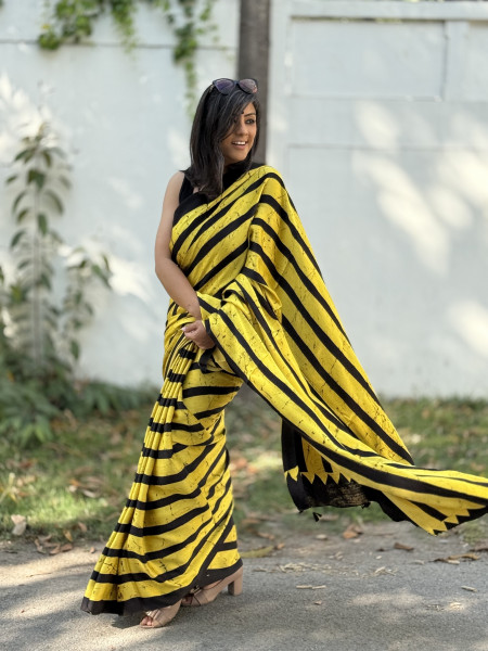 BLACK-YELLOW MODAL SILK AJRAKH BLOCK PRINT SARI