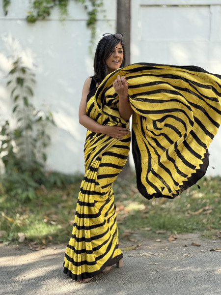 BLACK-YELLOW MODAL SILK AJRAKH BLOCK PRINT SARI