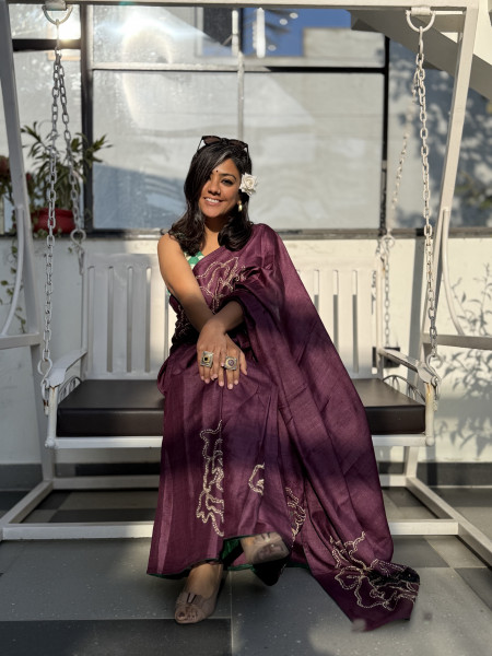 WINE TUSSAR SILK HAND EMBROIDERED SARI