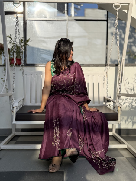 WINE TUSSAR SILK HAND EMBROIDERED SARI