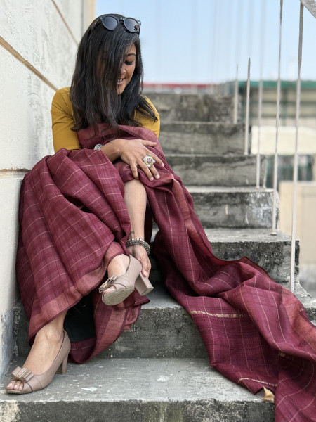 MAROON HAND ZARI WOVEN TUSSAR SILK SARI