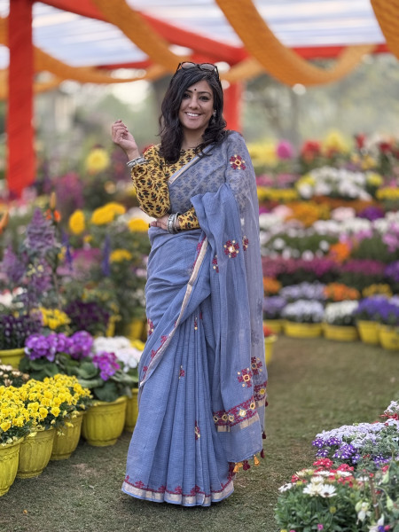 GREY  KOTA COTTON HAND EMBROIDERED SARI