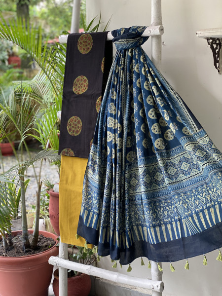 BLACK-INDIGO AJRAKH COTTON BLOCK PRINT DUPATTA SET
