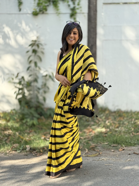 BLACK-YELLOW MODAL SILK AJRAKH BLOCK PRINT SARI