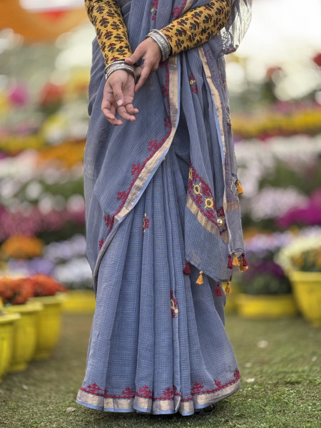 GREY  KOTA COTTON HAND EMBROIDERED SARI