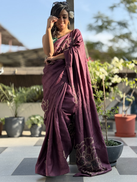 WINE TUSSAR SILK HAND EMBROIDERED SARI