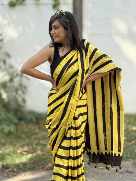 BLACK-YELLOW MODAL SILK AJRAKH BLOCK PRINT SARI