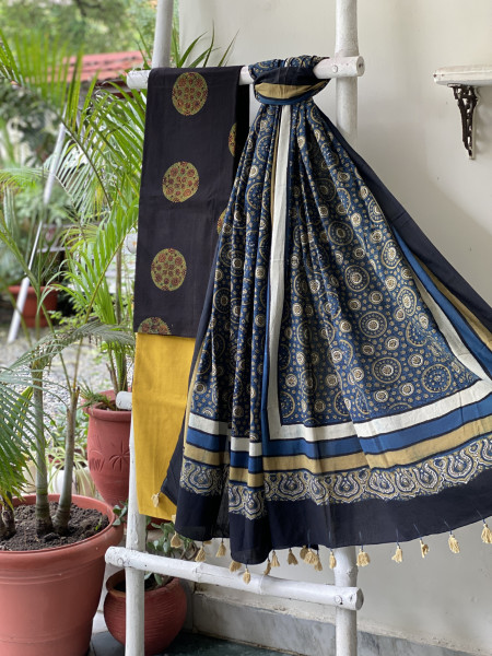 BLACK-INDIGO AJRAKH COTTON BLOCK PRINT DUPATTA SET