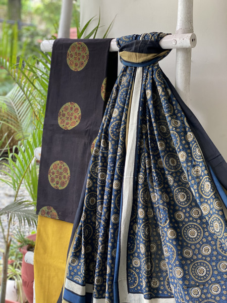 BLACK-INDIGO AJRAKH COTTON BLOCK PRINT DUPATTA SET