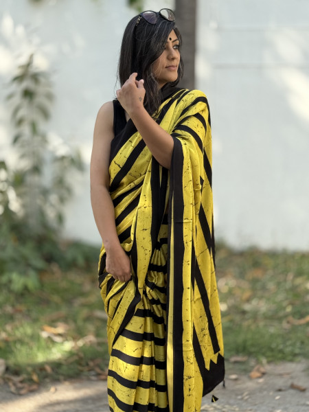 BLACK-YELLOW MODAL SILK AJRAKH BLOCK PRINT SARI