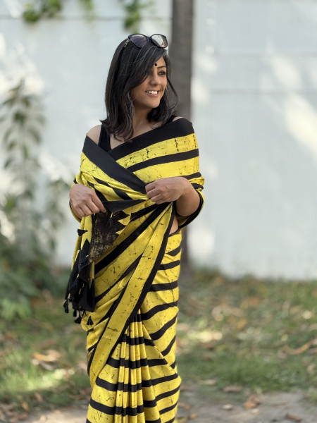 BLACK-YELLOW MODAL SILK AJRAKH BLOCK PRINT SARI