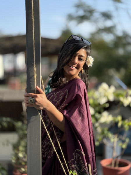 WINE TUSSAR SILK HAND EMBROIDERED SARI