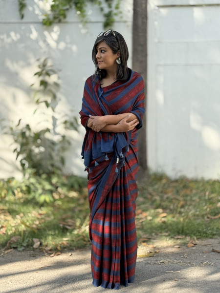INDIGO-MAROON MODAL SILK AJRAKH BLOCK PRINT SARI