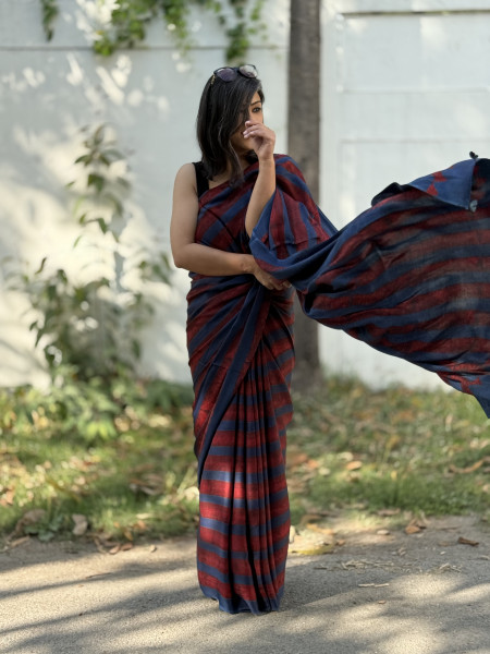 INDIGO-MAROON MODAL SILK AJRAKH BLOCK PRINT SARI
