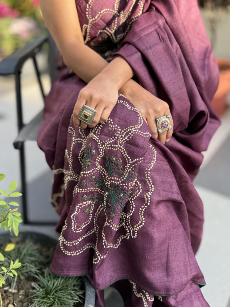 WINE TUSSAR SILK HAND EMBROIDERED SARI