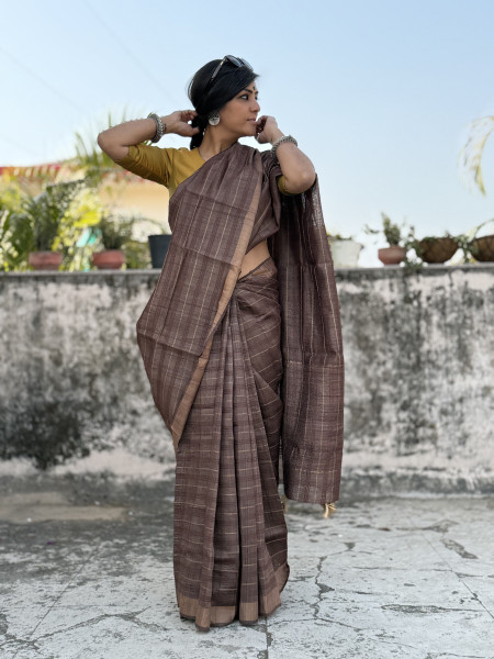 BROWN HAND ZARI WOVEN TUSSAR SILK SARI