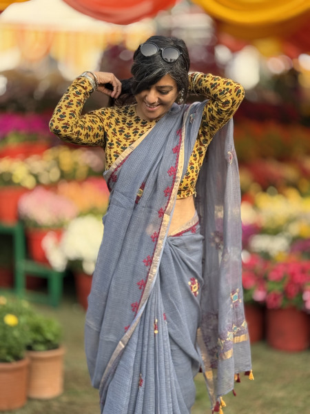 GREY  KOTA COTTON HAND EMBROIDERED SARI