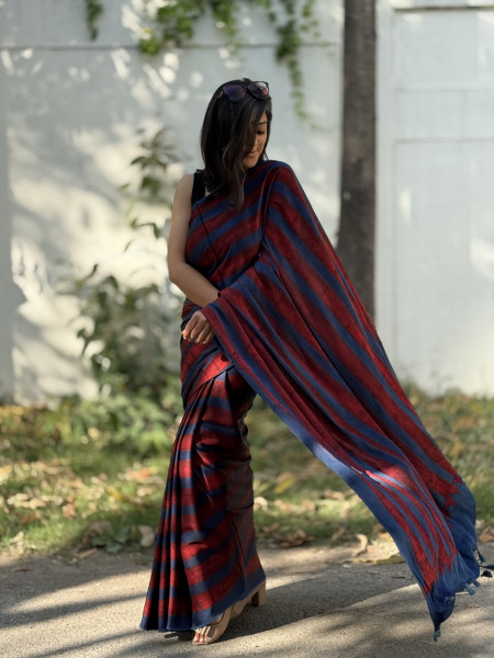 INDIGO-MAROON MODAL SILK AJRAKH BLOCK PRINT SARI