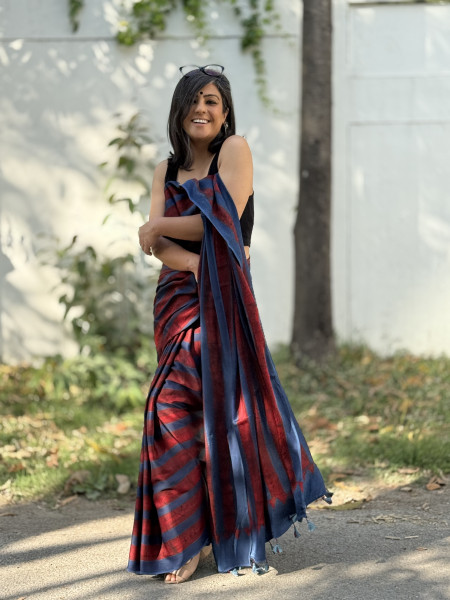 INDIGO-MAROON MODAL SILK AJRAKH BLOCK PRINT SARI