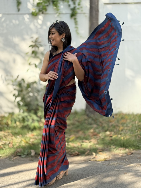 INDIGO-MAROON MODAL SILK AJRAKH BLOCK PRINT SARI