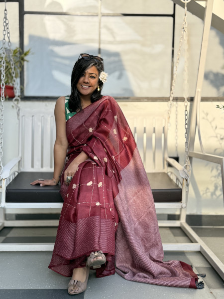 MAROON KORA SILK HAND EMBROIDERED SARI