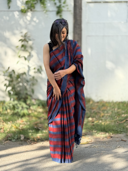 INDIGO-MAROON MODAL SILK AJRAKH BLOCK PRINT SARI