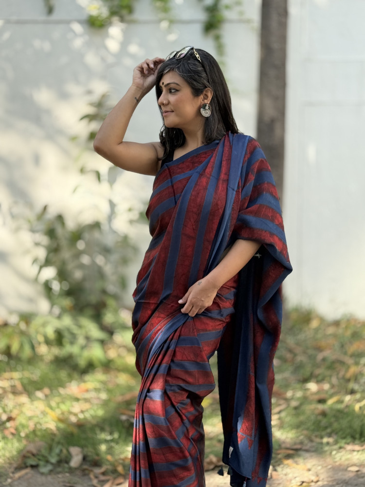 Image of INDIGO-MAROON MODAL SILK AJRAKH BLOCK PRINT SARI