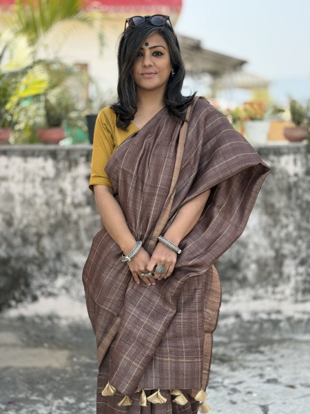 BROWN HAND ZARI WOVEN TUSSAR SILK SARI