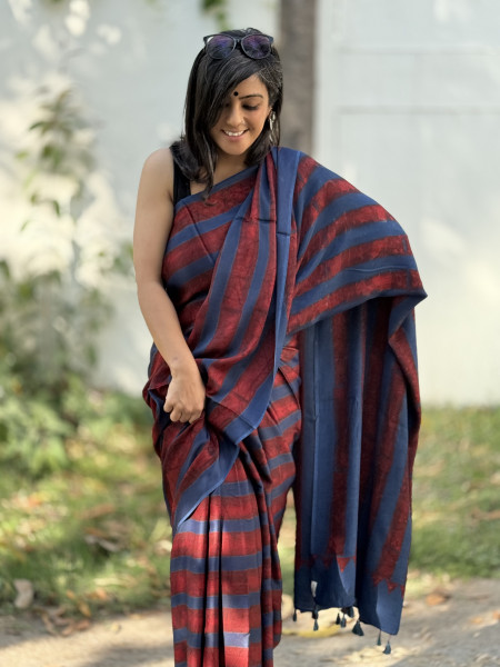 INDIGO-MAROON MODAL SILK AJRAKH BLOCK PRINT SARI