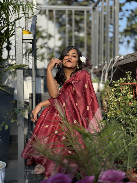 MAROON KORA SILK HAND EMBROIDERED SARI