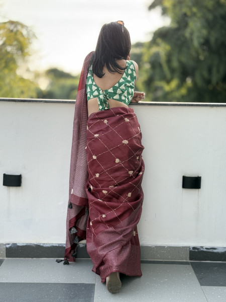 MAROON KORA SILK HAND EMBROIDERED SARI
