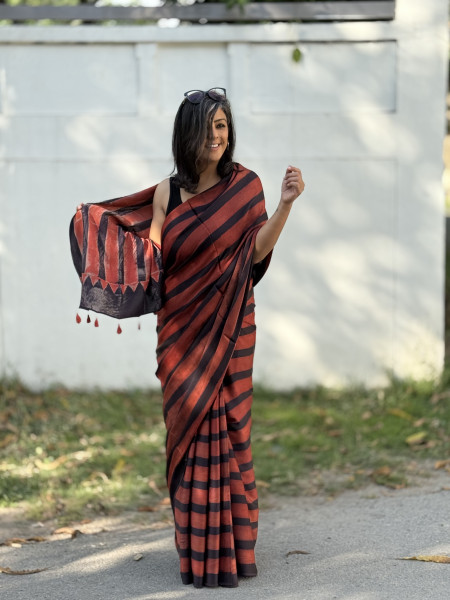MAROON-BLACK MODAL SILK AJRAKH BLOCK PRINT SARI