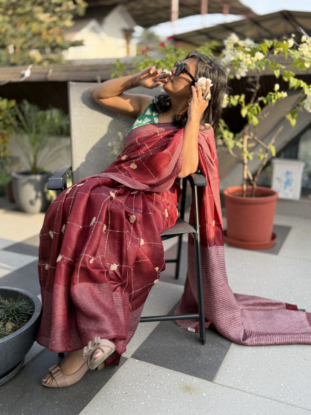 MAROON KORA SILK HAND EMBROIDERED SARI
