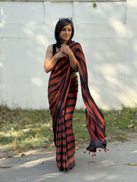 MAROON-BLACK MODAL SILK AJRAKH BLOCK PRINT SARI