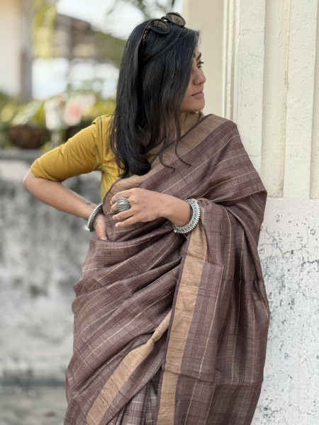 BROWN HAND ZARI WOVEN TUSSAR SILK SARI