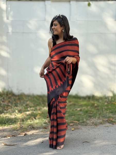MAROON-BLACK MODAL SILK AJRAKH BLOCK PRINT SARI