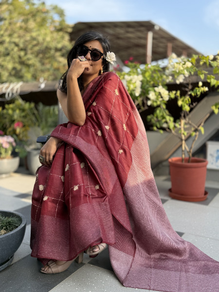 MAROON KORA SILK HAND EMBROIDERED SARI
