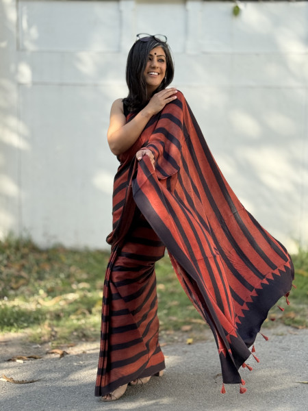 MAROON-BLACK MODAL SILK AJRAKH BLOCK PRINT SARI