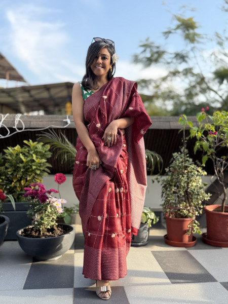 MAROON KORA SILK HAND EMBROIDERED SARI