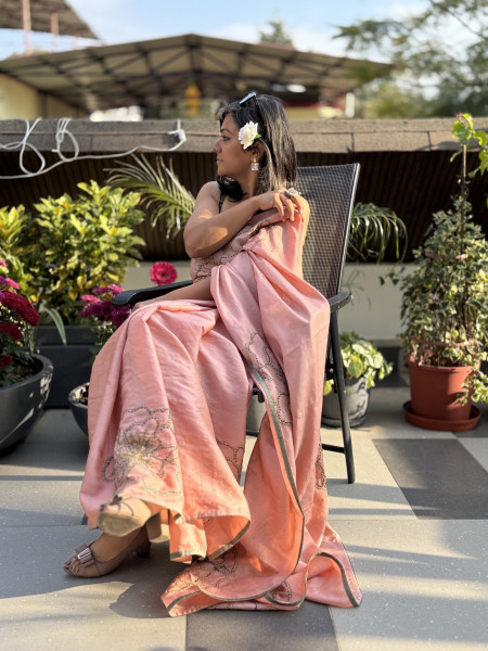 PEACH TUSSAR SILK HAND EMBROIDERED SARI