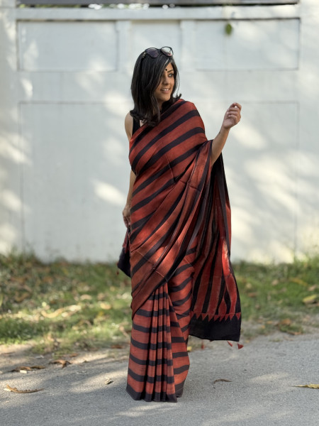 MAROON-BLACK MODAL SILK AJRAKH BLOCK PRINT SARI