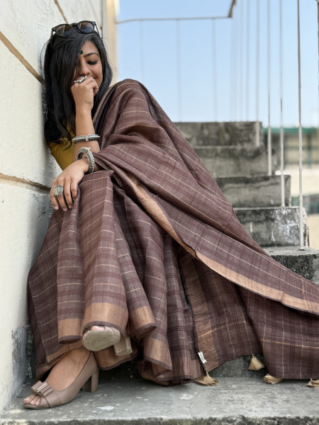 BROWN HAND ZARI WOVEN TUSSAR SILK SARI